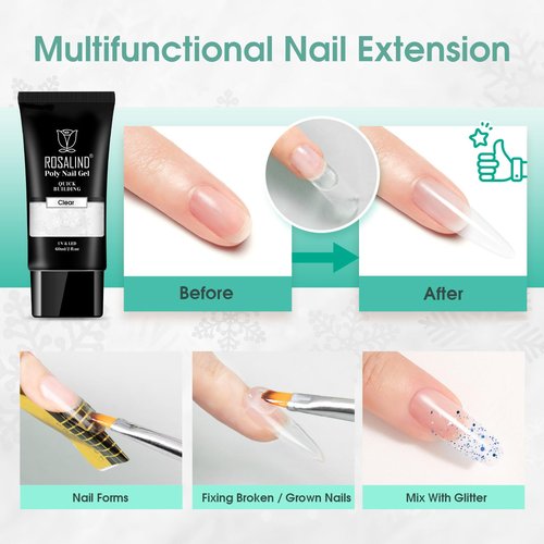 ROSALIND 2 oz Clear Poly Nail Gel - Professional Nail Extension Gel for Long Lasting DIY & Salon Nails, Quick Dry UV/LED Light Cured Transparent Builder Clear Gels Base