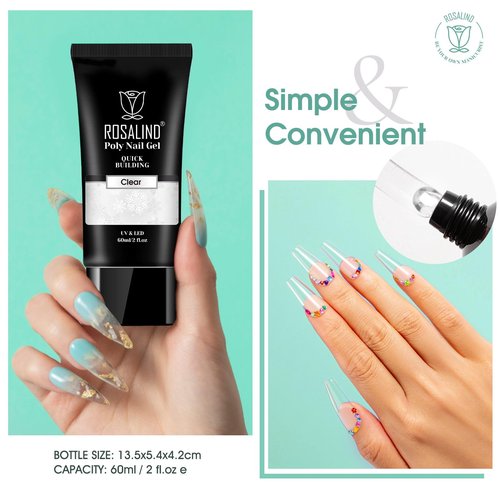 ROSALIND 2 oz Clear Poly Nail Gel - Professional Nail Extension Gel for Long Lasting DIY & Salon Nails, Quick Dry UV/LED Light Cured Transparent Builder Clear Gels Base