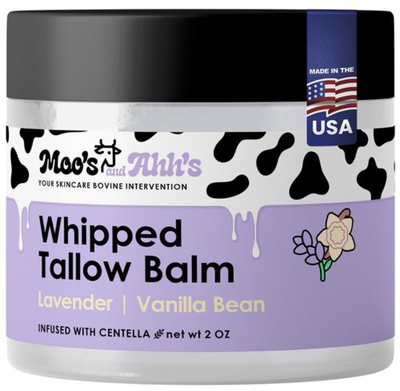 Moo's and Ahh's Whipped Tallow Balm - Beef Tallow for Skin with Organic Centella and Olive Squalane | Grass-Fed Beef Tallow Face & Body Moisturizer for Dry Skin (2 Oz, Lavender + Vanilla Bean)
