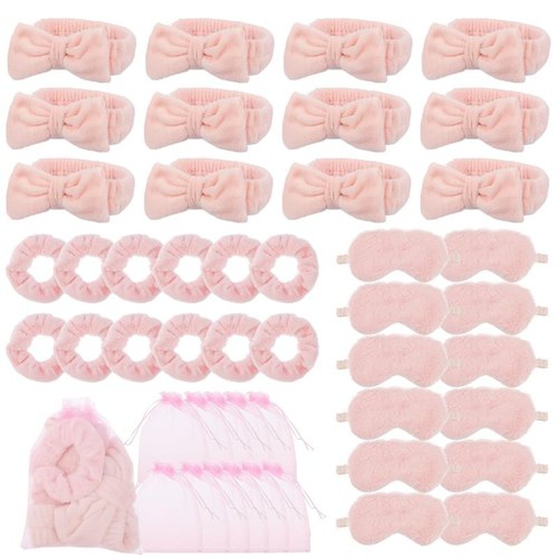 48 Set Girls' Spa Sleepover Party Supplies - 12 Pink Headbands, Sleep Eye Masks, Velvet Hair Scrunchies & Organizer Bags