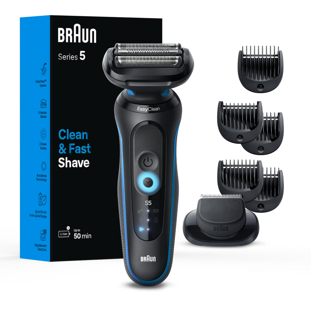 Braun Series 5 5020 Electric Razor for Men Foil Shaver with Beard Trimmer, Rechargeable, Wet & Dry with EasyClean, Black, 5 Piece Set