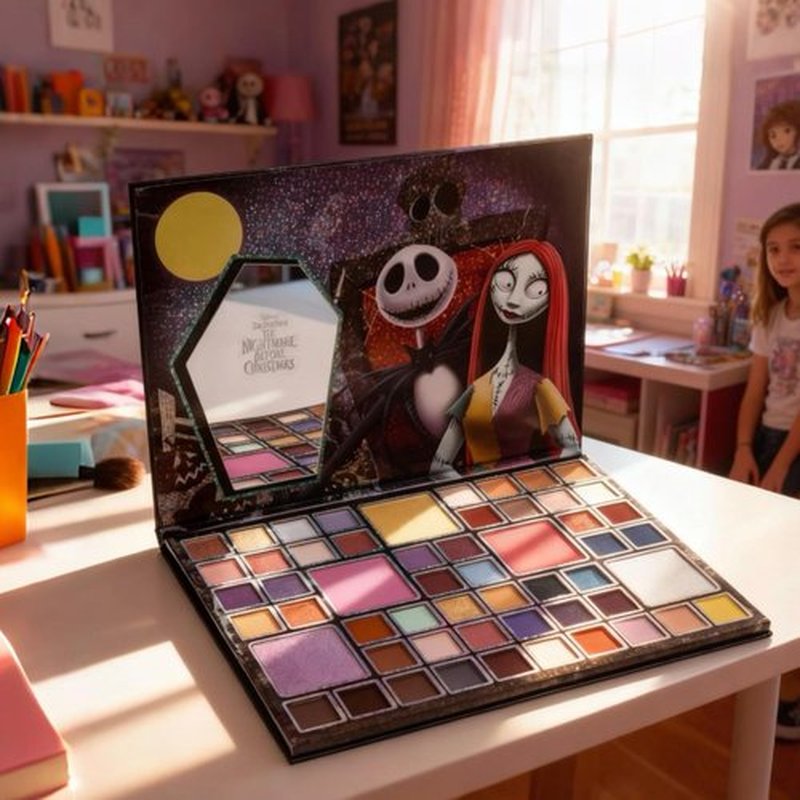 Nightmare Before Christmas 55 Well Eye Shadow Palette with Mirror, Makeup for Girls and Teens, Shimmery and Matte Colors, by Townley Girl