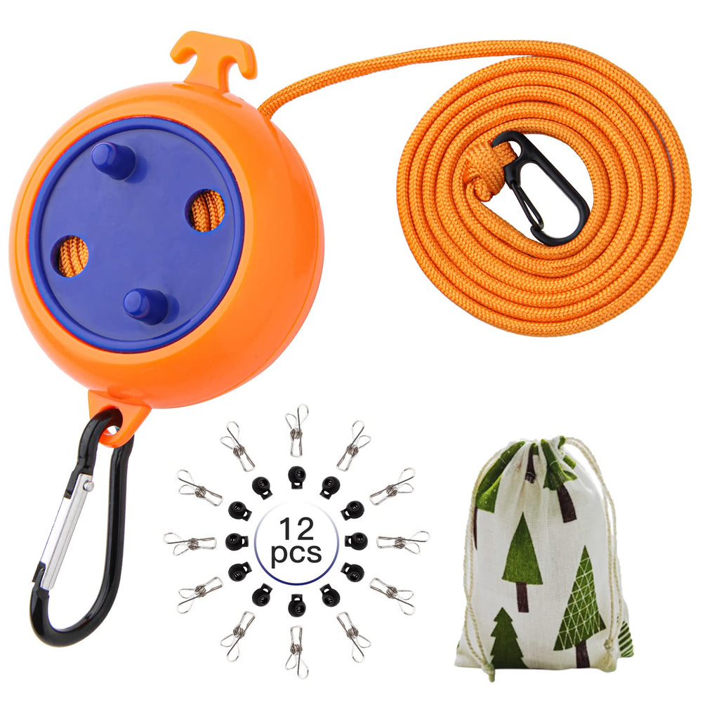 Portable Travel Clothesline Cord, Caudblor Adjustable 33ft Camping Clothes line, Laundry Drying Rope for Hotel Trip, Cruise, Outdoor/Indoor, with 12Pcs Stoppers, Windproof Clothespins