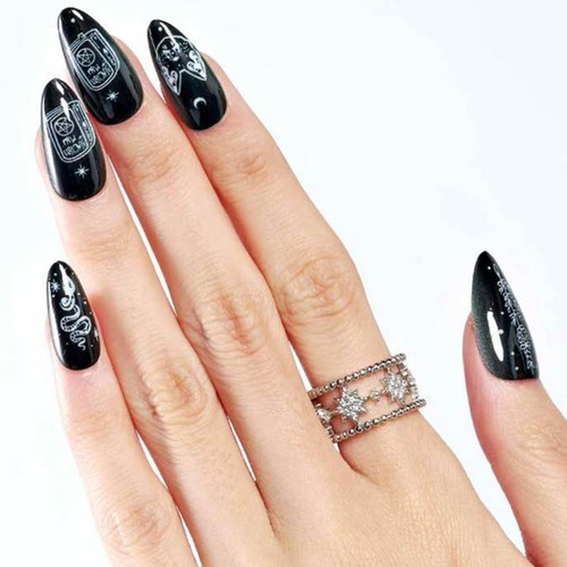 GLAMERMAID Press on Nails Almond,Black Gel False Nails with Design,24 PCS Glue on Nails,Reusable Acrylic Stick on Nails Tips Manicure Set for Women,Primitive Belief