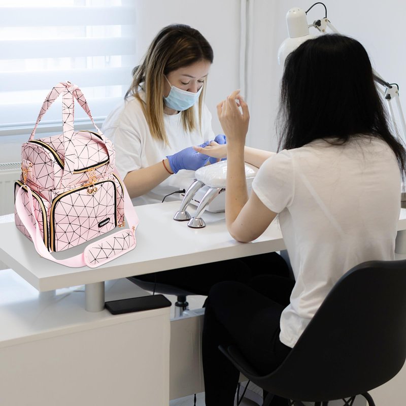 Veirdro Nail Polish Organizer Bag - PU Leather Shoulder Storage with 2 Removable Cases and Nail Lamp, Holds 70 Bottles - Portable Travel Backpack for Nail Tech Supplies (Pink)