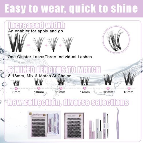 Molly Magic Flora Lash Clusters Kit, Wispy Natural 8-18mm D Curl Individual DIY False Eyelash Extension Kit with Lash Bond and Seal, Thin Invisible Black Lash Band