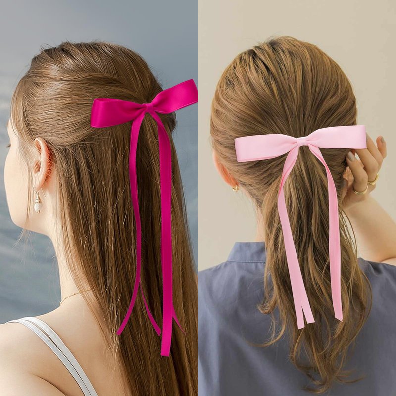 WHAVEL 6PCS Pink Hair Bows for Women, Pink Ribbon Hair Clips with Long Tail Silky Satin Bow Clips Cute Hair Accessories
