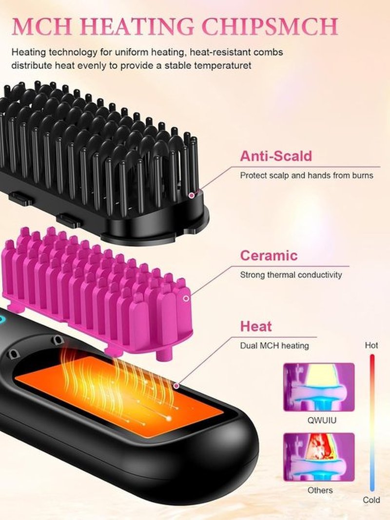 Cordless Hair Straightening Brush, Portable Straightening Brush for Travel，Plasma Fast Heating Mini Thermal Hair Straightening Comb with LCD Display, Ceramic Coated Anti-Hot, Black