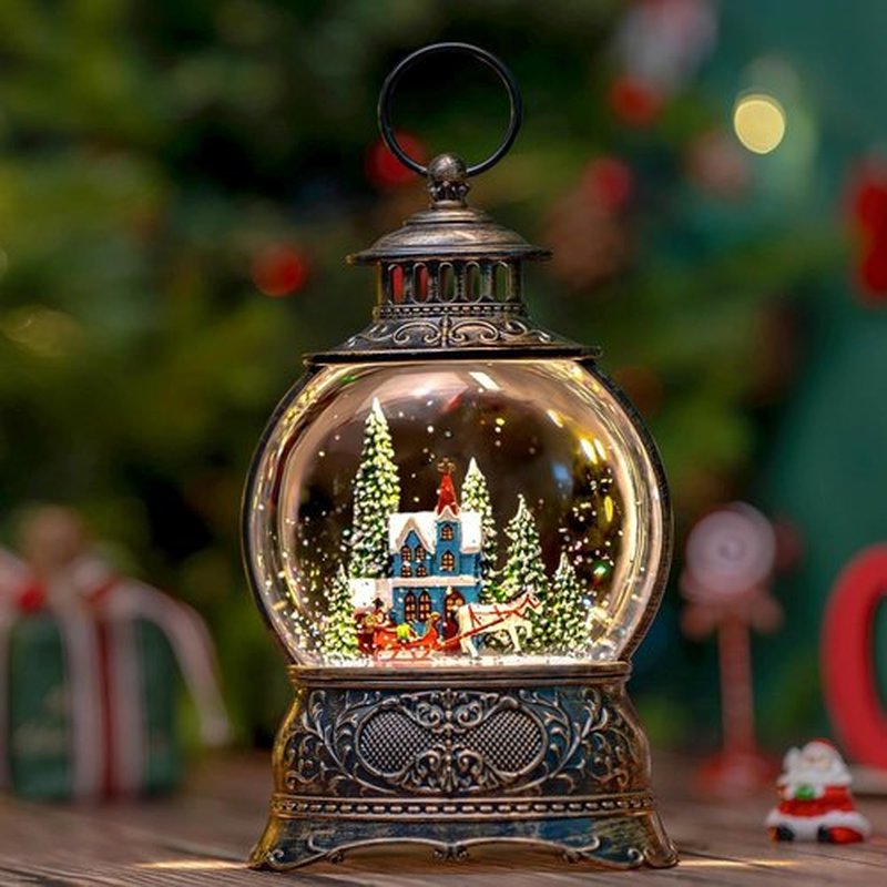 Regine Switzerland Christmas Snow Globe - Musical Water Lantern with Carriage & Timer | USB/Battery Operated