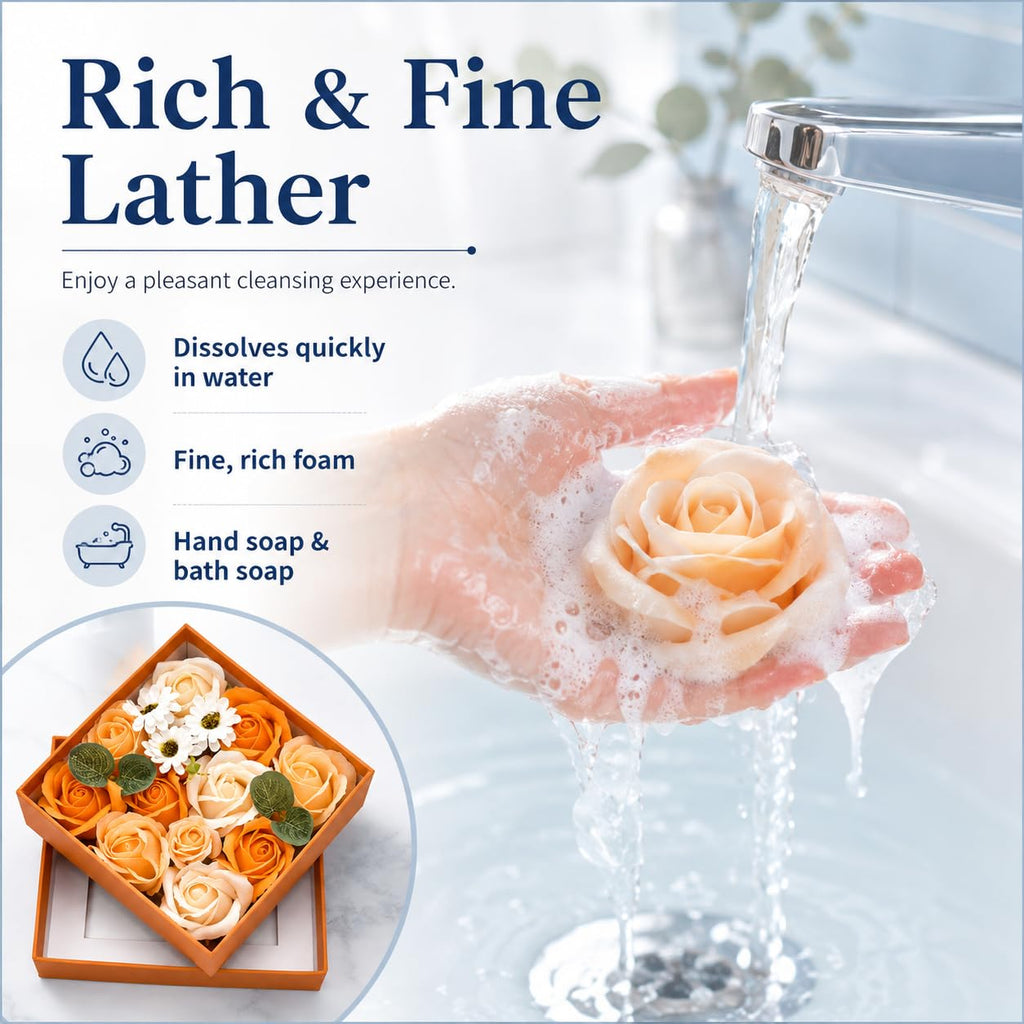 Ideal Swan Rose Bath Soap - Flower Floral Scented Rose Soap Petals in Flower Box, Transparent Window for Women Plant Essential Oil Set for Birthday Valentine’s Christmas （Orange）