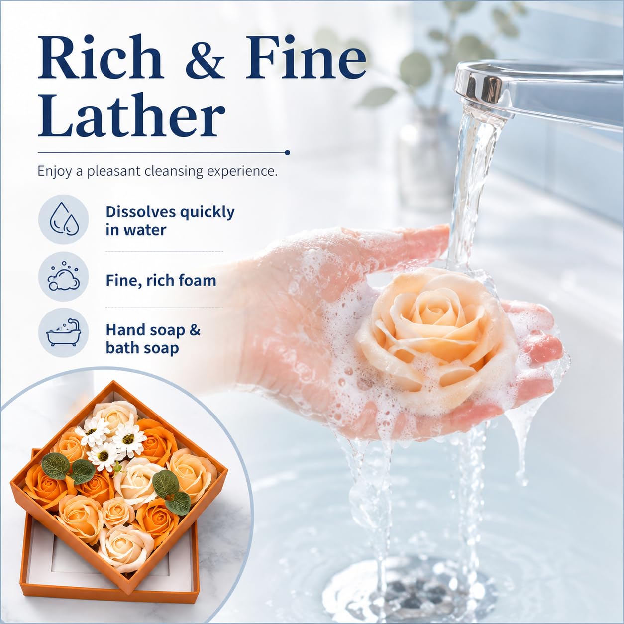 Ideal Swan Rose Bath Soap - Flower Floral Scented Rose Soap Petals in Flower Box, Transparent Window for Women Plant Essential Oil Set for Birthday Valentine’s Christmas （Orange）
