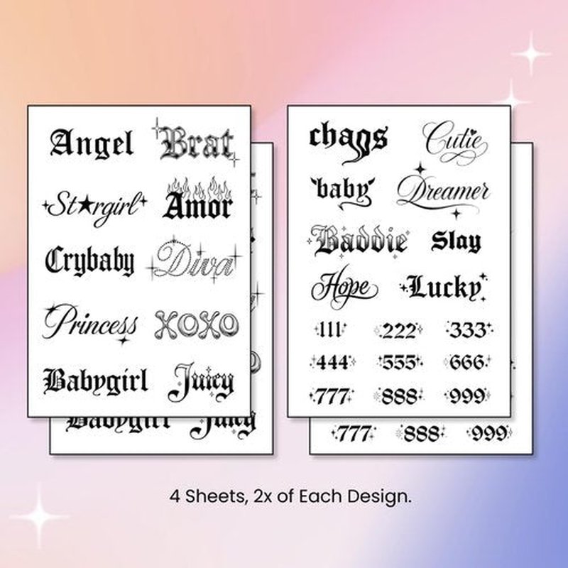 Pixel Hearts Sassy Script Temporary Tattoos | Y2K Gothic Words and Angel Numbers | Realistic Waterproof Fake Tats | Angel, Brat, Princess, Babygirl, Diva