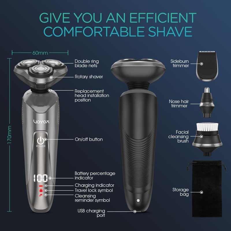 VOYOR Electric Razor for Men - Cordless Rechargeable Shaver for Wet/Dry Use | Waterproof TX410 - Grey