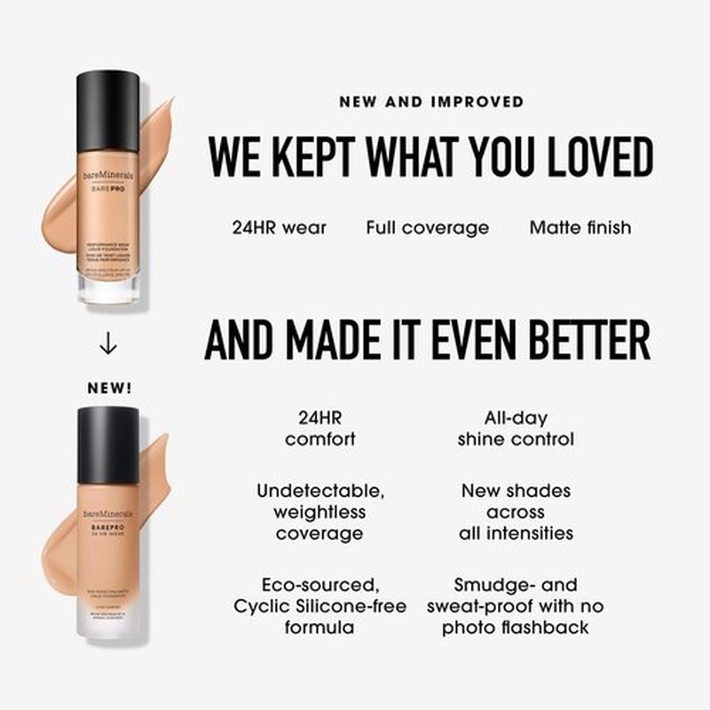 bareminerals Barepro 24HR Wear Matte Liquid Foundation Mineral SPF 20, Full Coverage Foundation Makeup for Mature Skin, Oil-Free, Vegan