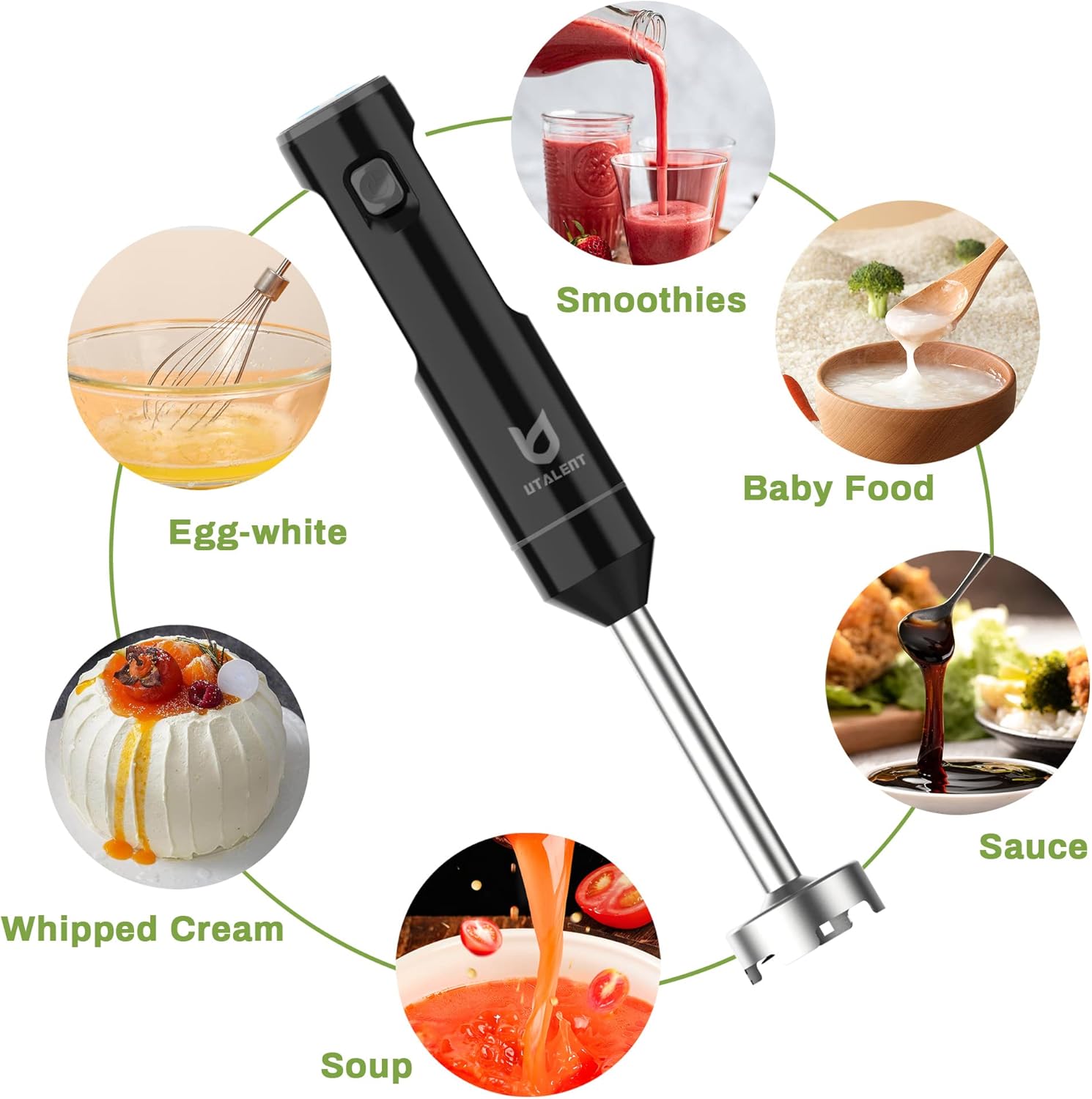 UTALENT Cordless Hand Blender - Variable Speed Immersion Blender with 500ml Chopper & 600ml Container - Black