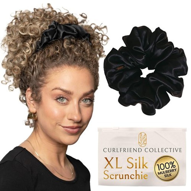 Silk Scrunchies for Women Ponytail Holders – Oversized Mulberry Silk Scrunchies – Extra Large No Damage Hair Ties for Curly, Thick, and Thin - Hair Accessories for Women – Black, XL By Curlfriend