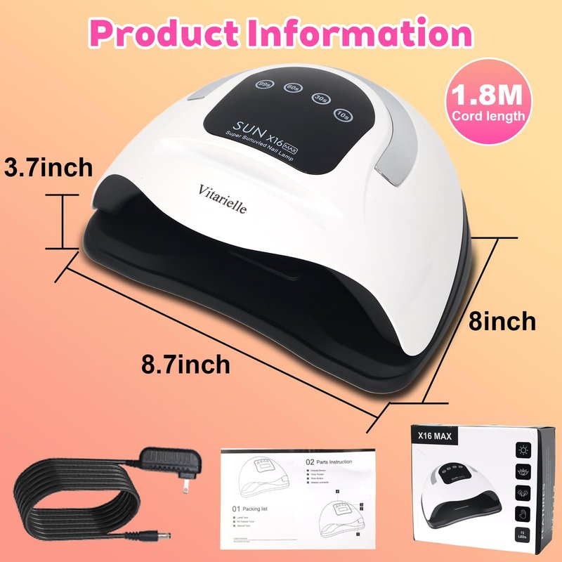 Vitarielle 320W UV LED Nail Lamp with Phone Holder, 72 High Power LEDs, 4 Timer Settings (10s/30s/60s/99s), Fast Cure for All Gel Polish, Polygel & Acrylic, Smart Sensor, Home & Salon Use