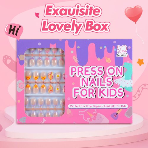 Misssix 78 Pcs Press on Nails for Kids, 3 Pack Kid Fake Nail Kit Cute Press on Nails, Old Colorful Flower Glue On Nails Stick On Nails for Girls 8-12 Years