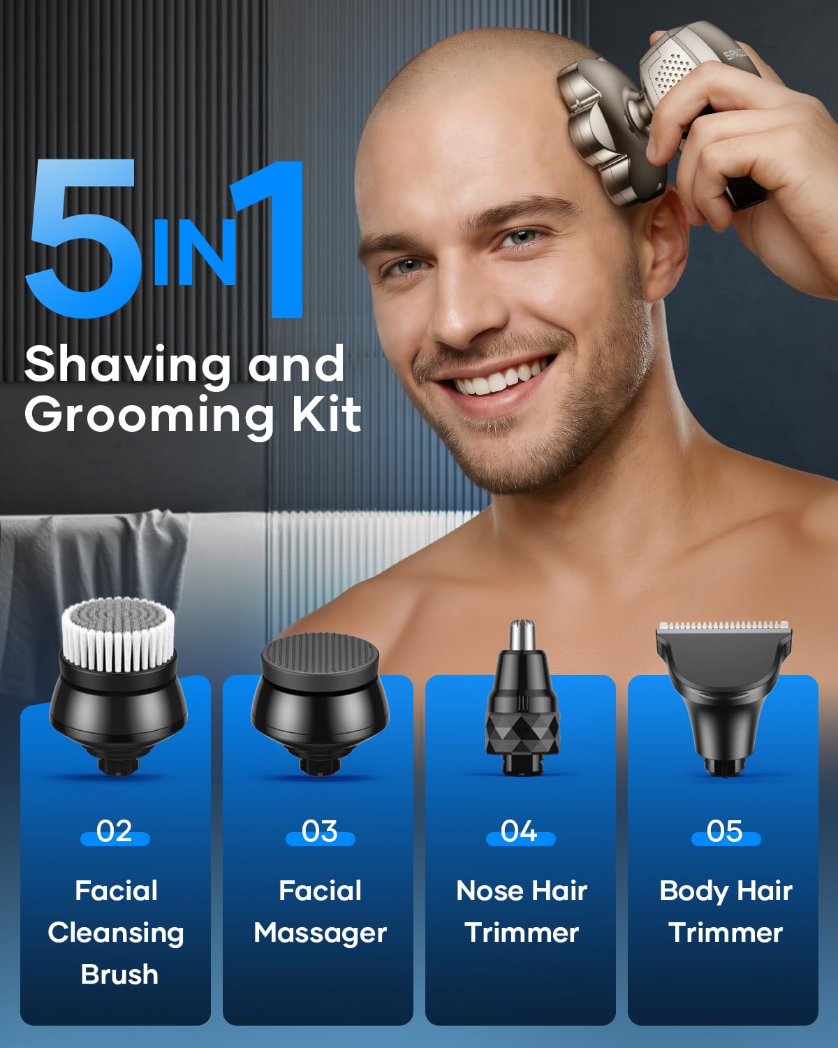 7D Head Shavers for Bald Men, 5-in-1 Magnetic Detachable Head Shaver, IPX7 Waterproof Electric Razor for Wet/Dry Use, Shaving Grooming Kit for Balder, LED Display, Type-C Charge, Gunmetal