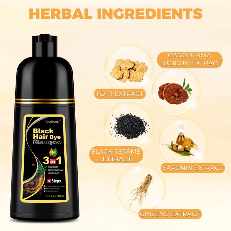 YOURTONE Black Hair Dye Shampoo 3 in 1 for Gray Hair Coverage, Hair Color Shampoo for Women Men, Herbal Ingredients Champu Para Pintar el Cabello (16.9 Oz)