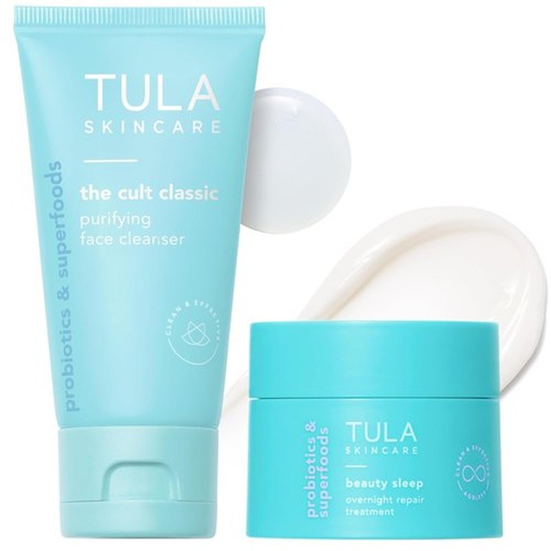 TULA Skin Care Nighttime Duo - Travel Size Cleansing & Hydrating Kit | Purifying Cleanser & Overnight Repair Treatment