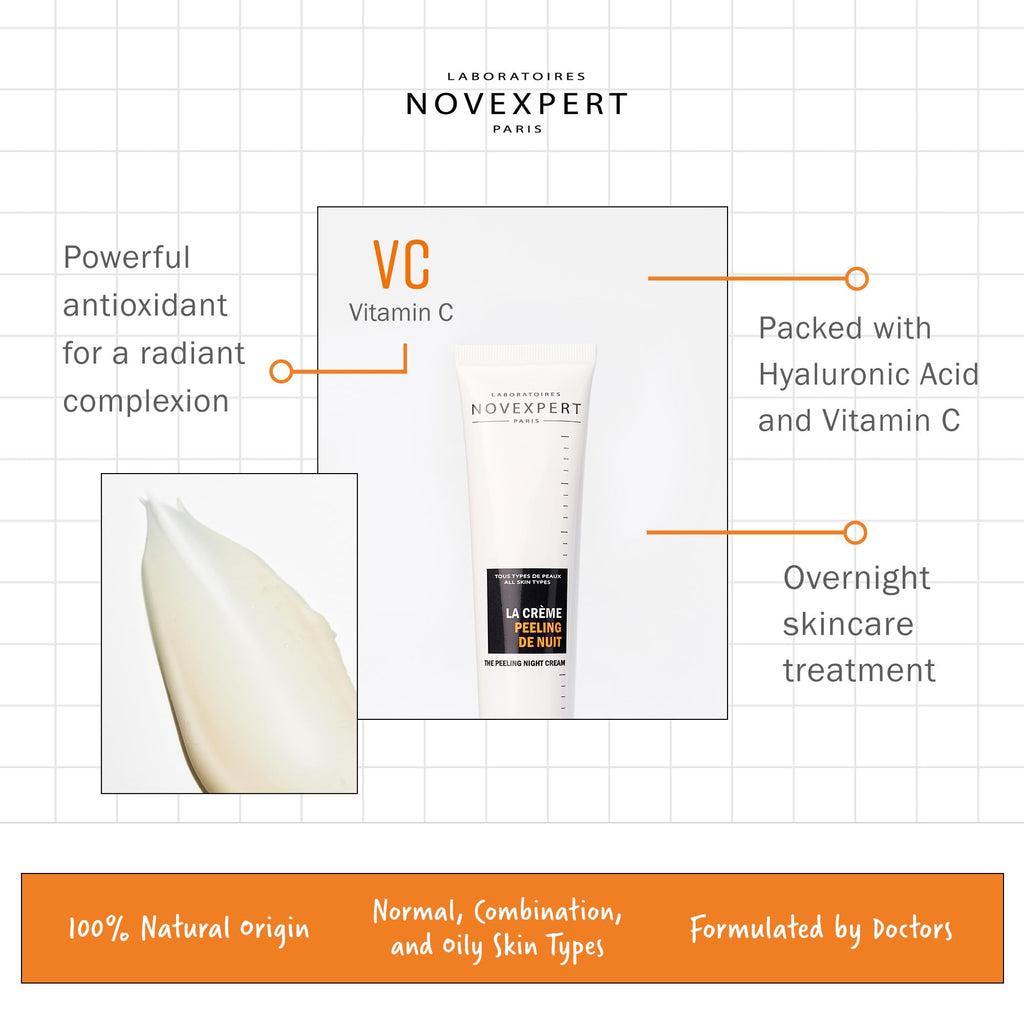 Novexpert The Peeling Night Cream - Visibly Brighter Skin - Smooth And Radiant Complexion - Deeply Exfoliates And Nourishes - Hypoallergenic - Vegan - Normal, Combination And Oily Skin Types - 1.3 Oz