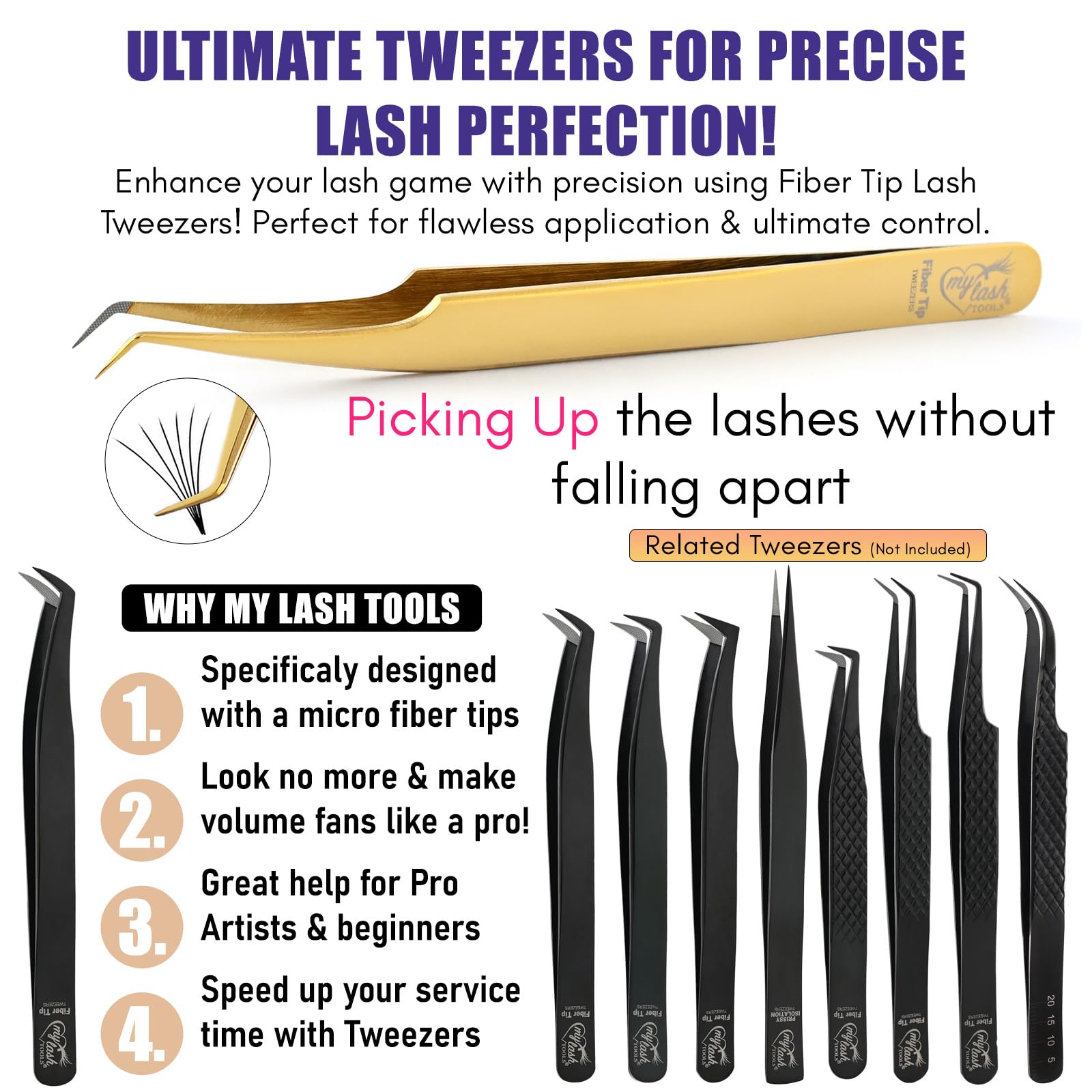 Fiber Tip Lash Tweezer 45 Degree Volume Tweezer – Precision Stainless Steel Eyelash Extension Tool, Professional Lash Applicator for Classic, Volume, Mega Volume Fans, Anti Slip Grip (Gold)