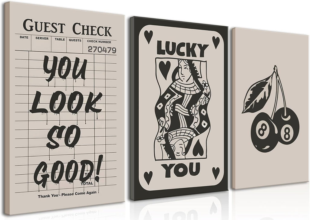 Fashion Poker Framed Canvas Wall Art Set of 3 - Vintage Queen & Lucky You Poster Prints | Aesthetic Black Art for Bedroom & Living Room - 12x16''