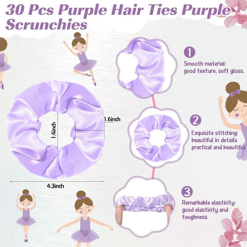 Yinkin 30 Sets Ballerina Party Favors for Girls Hair Scrunchies with Thanks Twirling Cards for Dance School Classroom Ballet Recital Gifts(Purple)