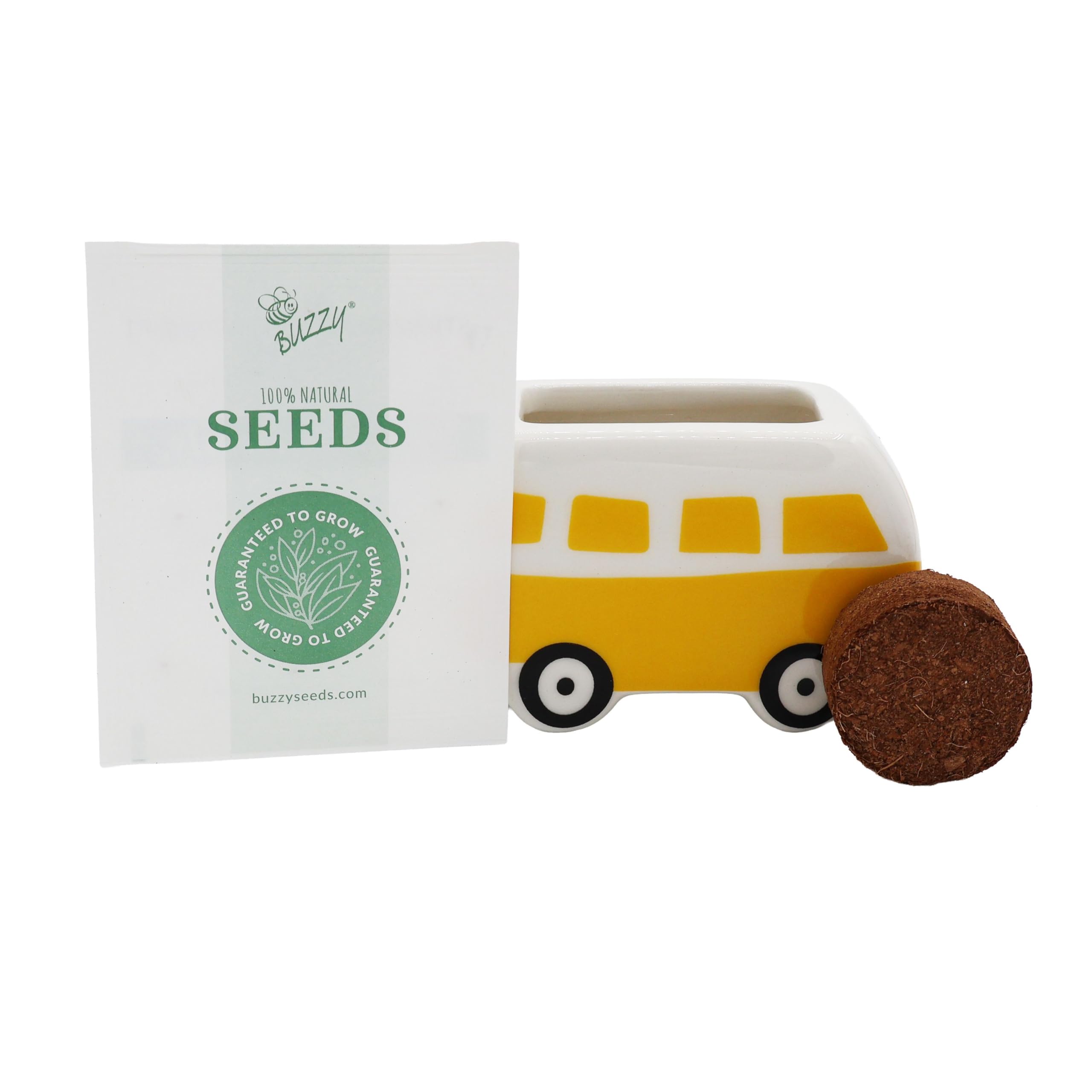 BUZZY Seeds Mini Ceramic Flower Bus Grow Kit 4-Pack - Bus Ceramic Planter - Complete Indoor/Outdoor Gardening Kit with Seeds, Coconut Husk Growing Medium & Genuine Pots - 100% Grow Guarantee