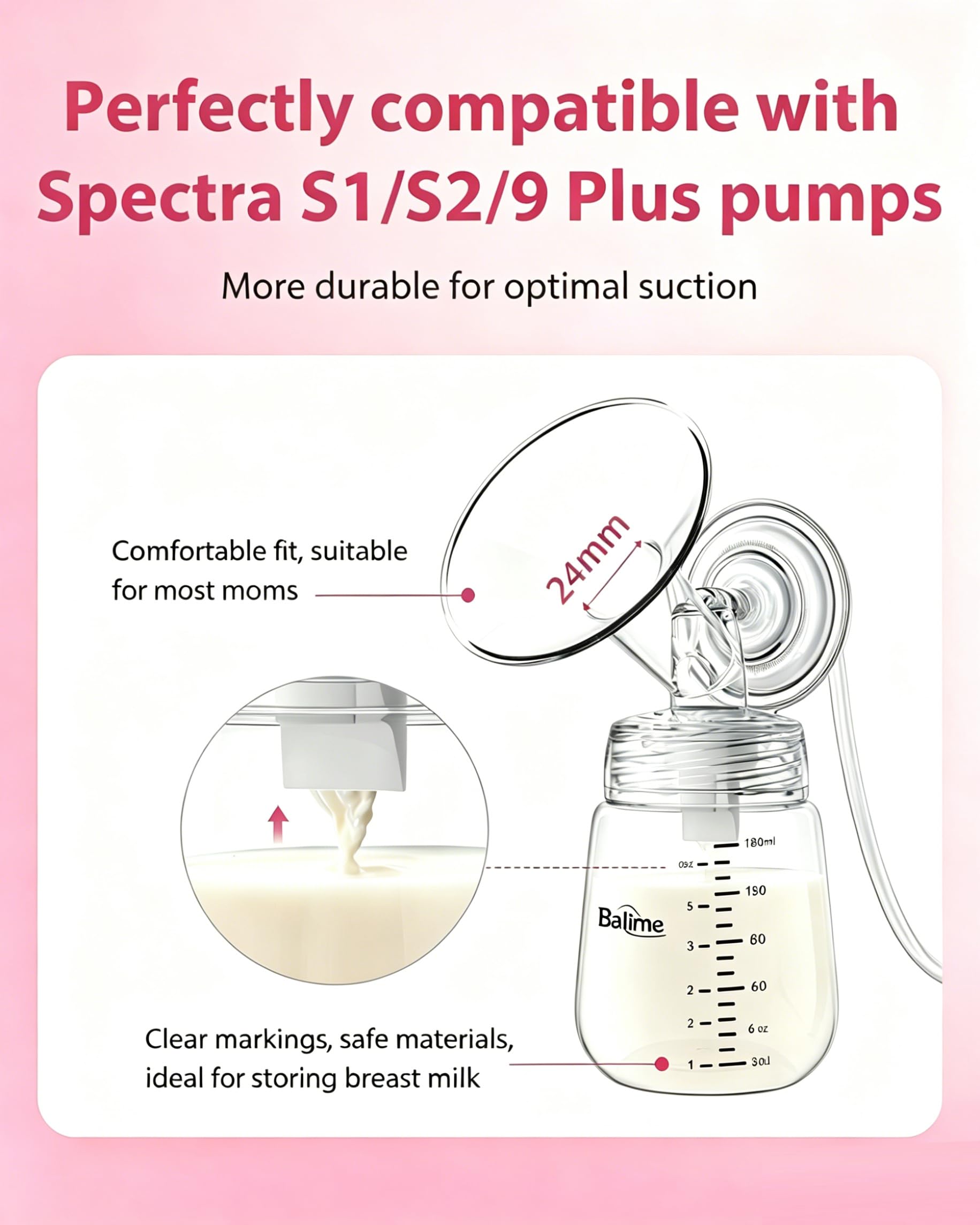 BALIME Pump Parts Compatible with Spectra S1/S2/9 Plus, Not Original Accessories, Full Set Replacements Include 24mm Flanges, Valves, Backflow Protectors (Duckbills Included), Tubings and Bottles