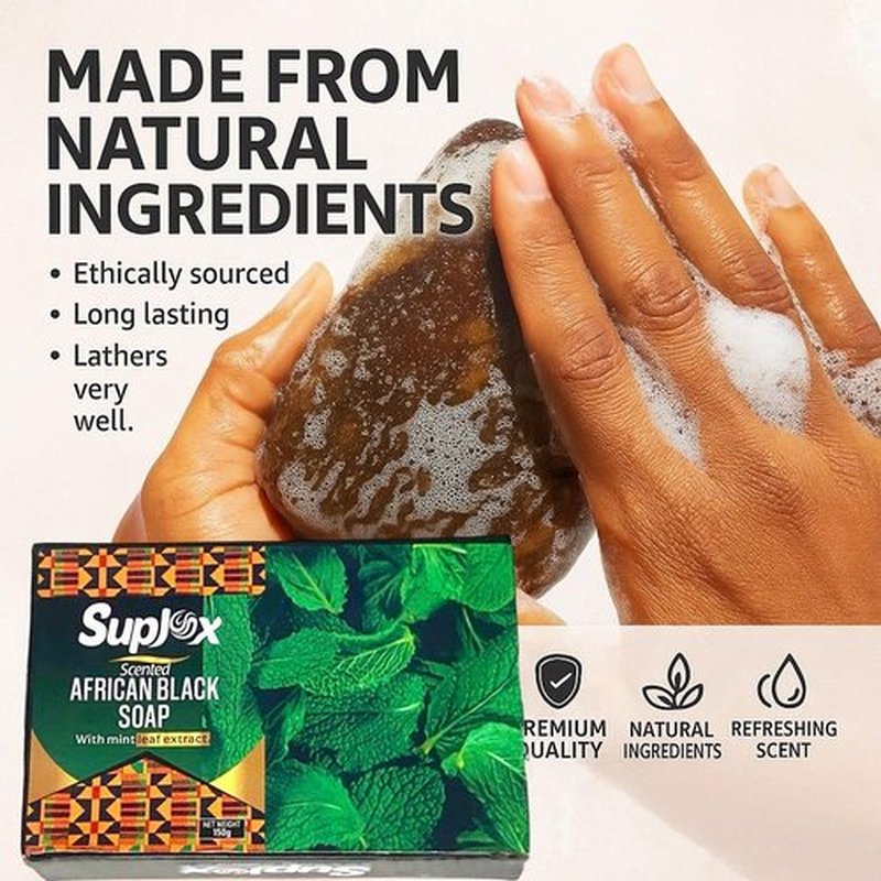 Raw natural authentic organic African black soap bar for acne and dark spots, face and body ghana black african soap scented with mint.