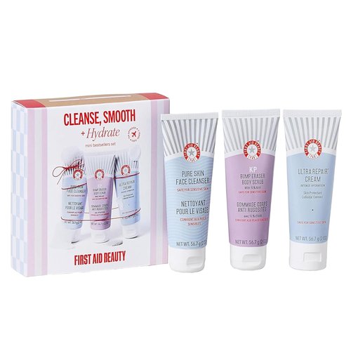 First Aid Beauty Cleanse, Smooth + Hydrate Kit - Travel-Friendly Skin Care Set with Facial Cleanser, KP Body Scrub & Ultra Repair Cream