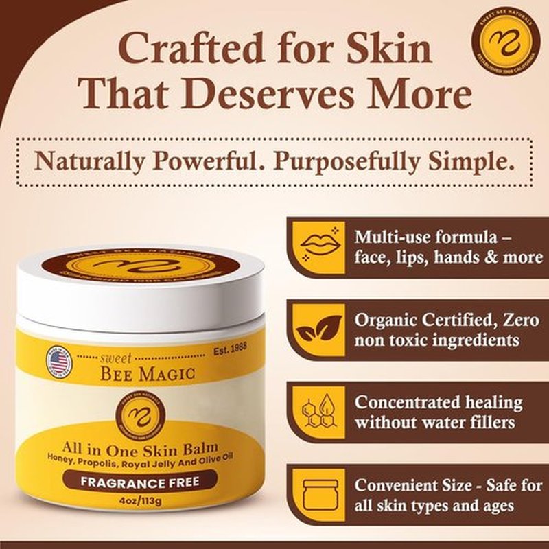 Sweet Bee Magic Organic Honey Balm - All-Natural Beeswax Moisturizer for Face & Body | 4oz Jar