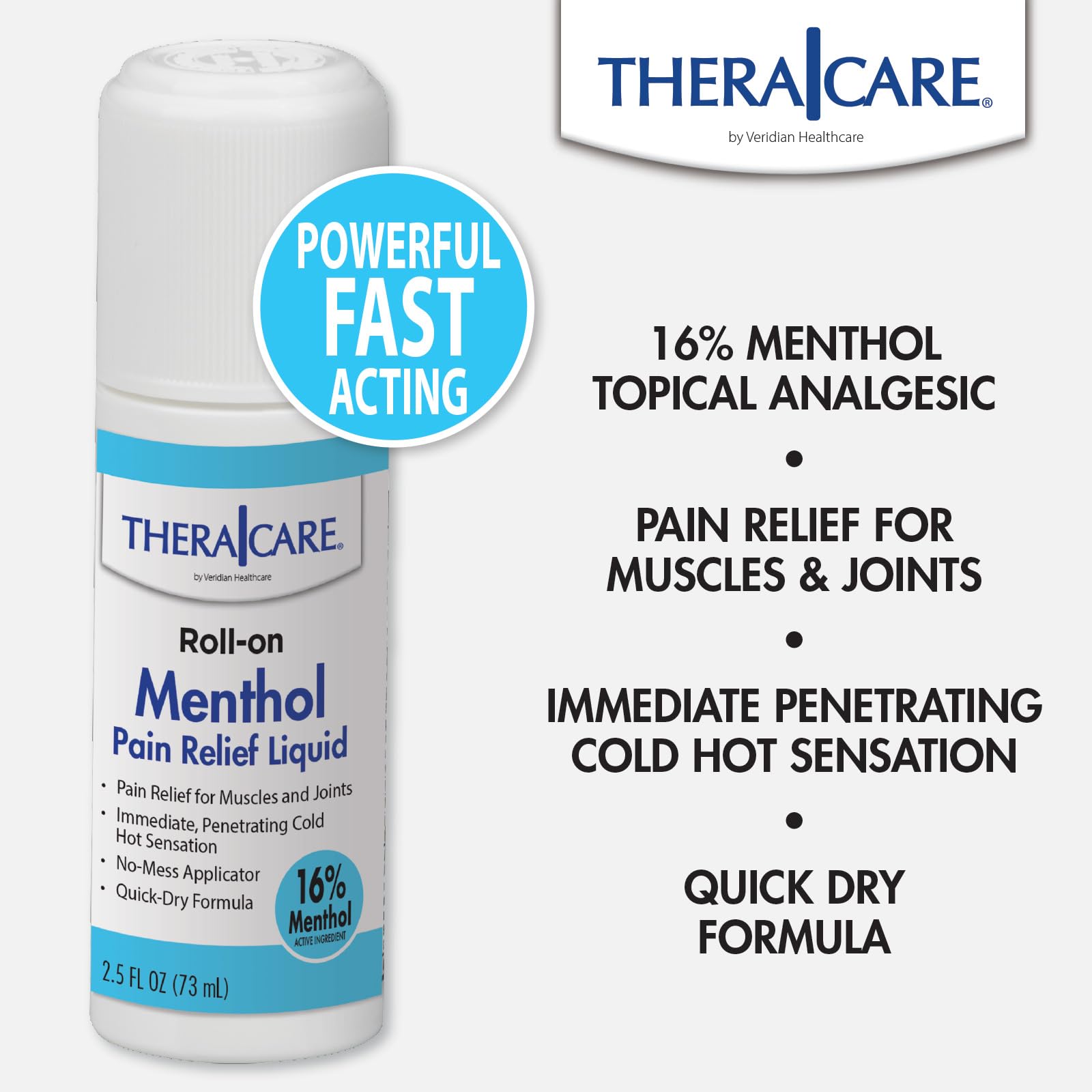 TheraCare 16% Menthol Roll-On | Cold Hot Sensation | Pain Relief Liquid | 2.5 oz. 73 mL | Non-Greasy Formula | Immediate Penetrating Action | Topical Analgesic
