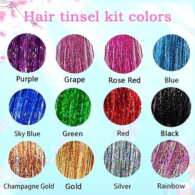 Hair Tinsel Kit, Fairy Hair Tinsel with Tools 48 Inch Hair Tinsel Heat Resistant Safe 12 Colors Glitter Tinsel Hair Extensions 3200 strands (12 Colors Hair Tinsel Kit)