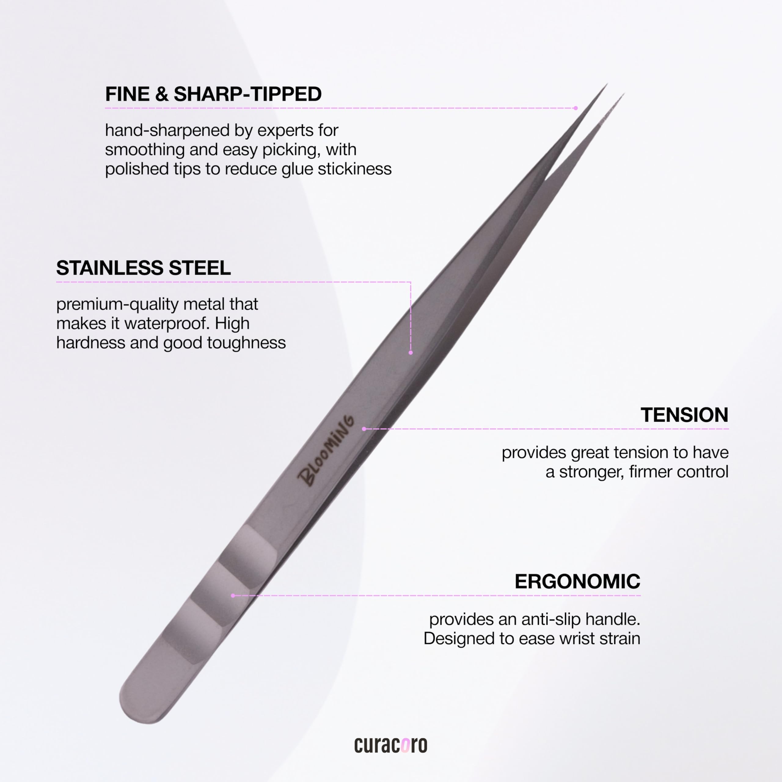 Curacoro Lash Tweezers, LashSmith Straight Isolation Tweezer - Blooming