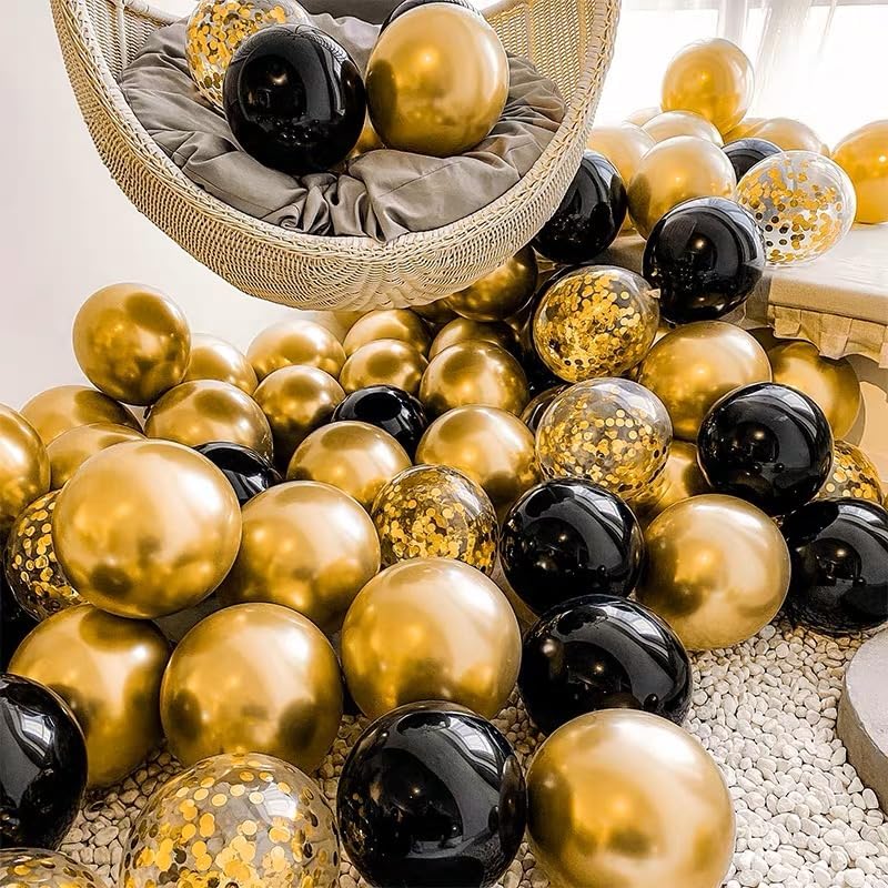 Bezente Black Gold Confetti Balloons - 12-Inch Helium Balloons for Weddings, Graduations & Parties | 60 Pack