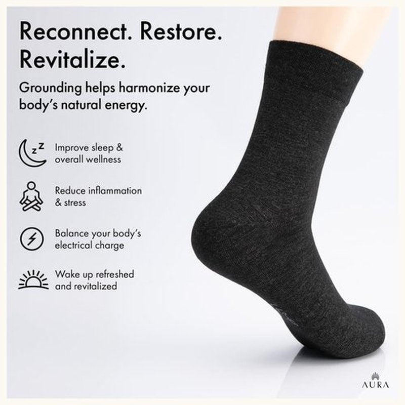 Aura™ Luxury Grounding Socks for Feet - 25% Pure Silver Grounding Socks for Women & Men - Black, Size Large