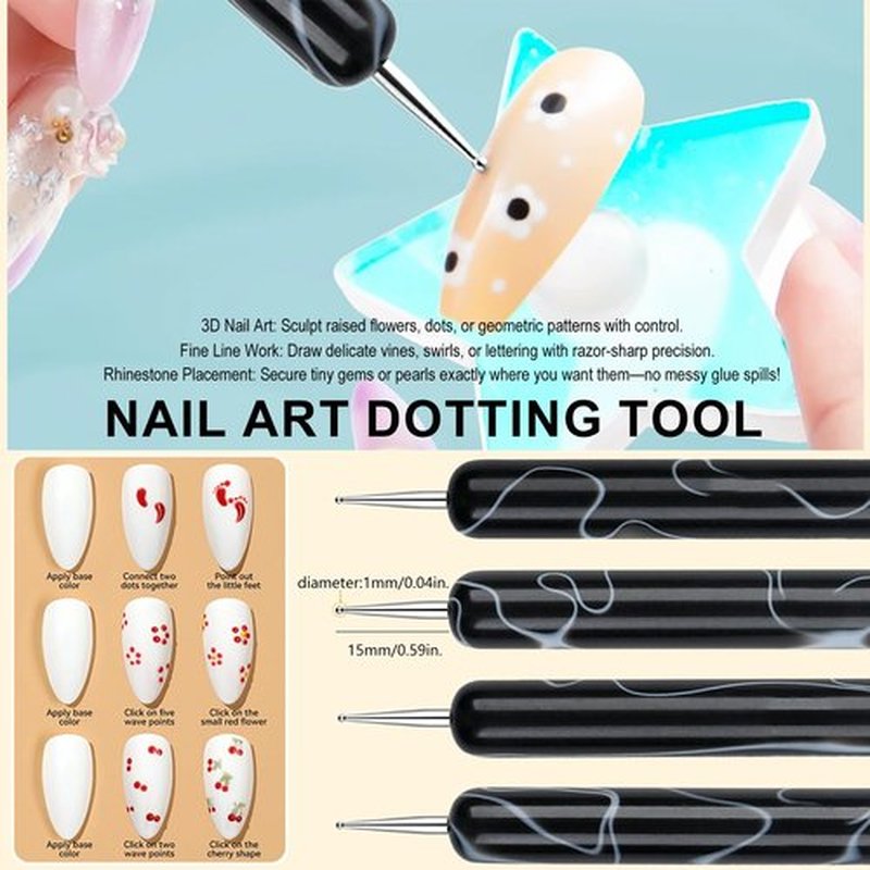 JFIYUOMCI French Nail Brush Set, 2 Way Dotting Tool and French Tip Brush, Gel Acrylic Nails Art Design Pen, Nail Clean Up Brushes for Professional Manicure Tools, Size 10#,12#, 14#, 16# - Marble Black