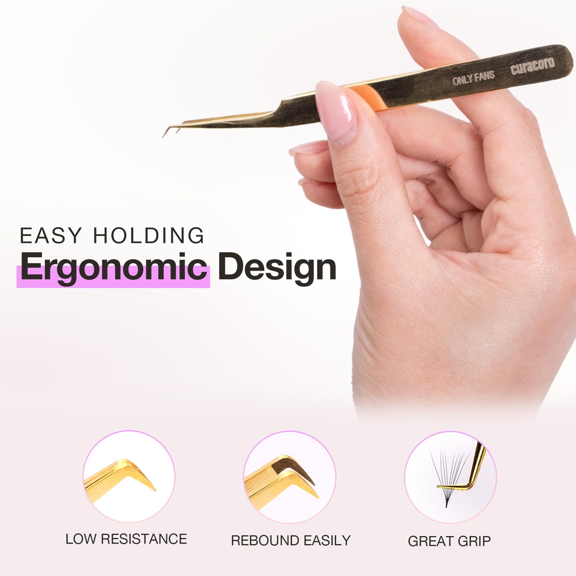 Curacoro Lash Tweezer - Professional & Precision Fiber Tip Grip Lash Tweezers for Eyelash Extensions, Multi Shapes & Purposes Tweezers for Volume, Isolation & Classic Lashes (Silver, Volumizer)