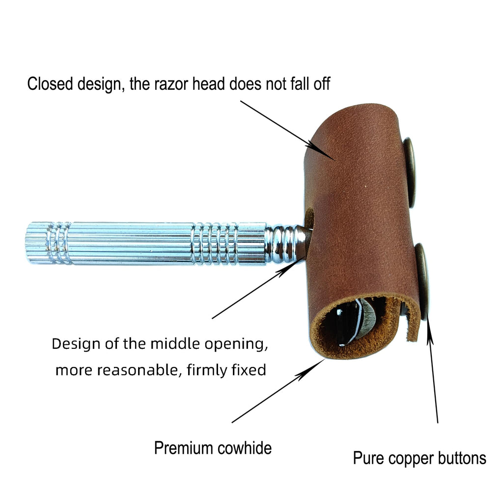 MEEBOY Handmade leather Double Satety Edge Razor Head Protective Sheath For men, Leather Shaving Travel Cover Fits Most Safety Razors (Brown)