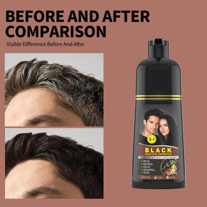 gowwim Black Hair Dye Shampoo, 5-in-1 Hair Dye Shampoo for Women & Men Gray Hair Cover up Semi-Permanent Natural Nourishing Smooth Hair Color Herbal Ingredients Black for Grey Coverage 500ml Ginseng