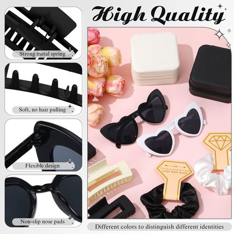 Hotop 24 Pcs Bridesmaid Proposal Gifts Set, 6 Mini Jewelry Box, 6 Satin Bridesmaid Scrunchies, 6 Bachelorette Sunglasses, 6 Square Hair Clips for Bridal Shower Wedding Party Favors (White, Black)