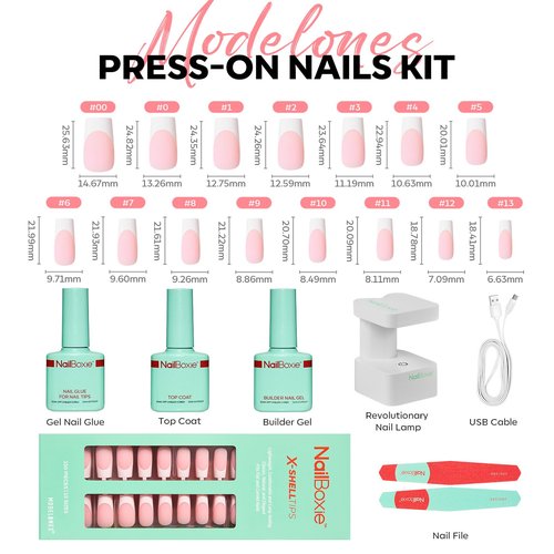 Modelones Gel Nail Kit, Top Coat, Nail Builder Gel and Nail Glue for Nail Tips, Press On Nails Kit with LED Light, 150 PCS Long Pink Square, 15 Sizes French Tip Press on Nails