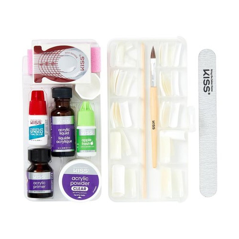 KISS Complete Salon Acrylic Fake Nails Manicure Kit, Acrylic Liquid, Acrylic Primer, Acrylic Powder Clear, Maximum Speed Nail Glue, Masking Formula, & 60 Long Length Bubble Free Acrylic Nails