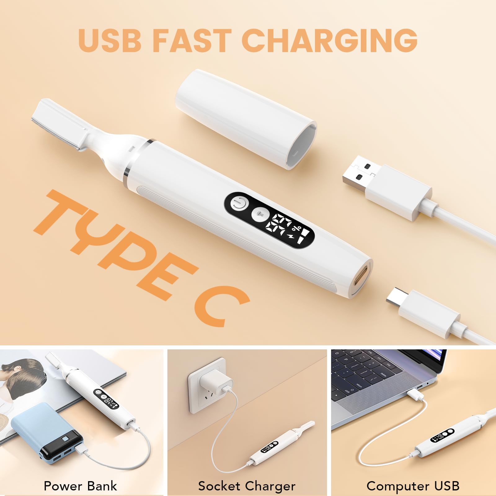Eyebrow Trimmer Electric Eyebrow Razor with Digital Display LED Light, 2-Speed Eyebrow Shaver Rechargeable Facial Hair Remover Trimmer for Women, Painless Face Hair Removal for Upper Lip Peach Fuzz