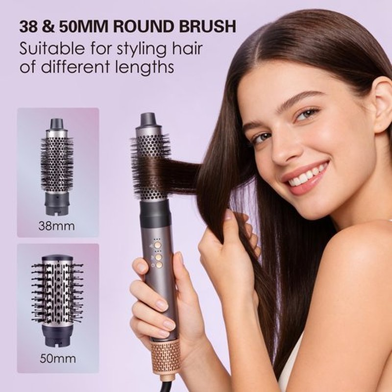 7 in 1 Hot Air Styler High Speed BLDC Motor 110000 RPM with Round Rrush Left/Right Auto Wrap Curler,Oval Brush,Straightening Brush Drying air Nozzle.1400W Hot Hair Brush with ALCI Safety Plug