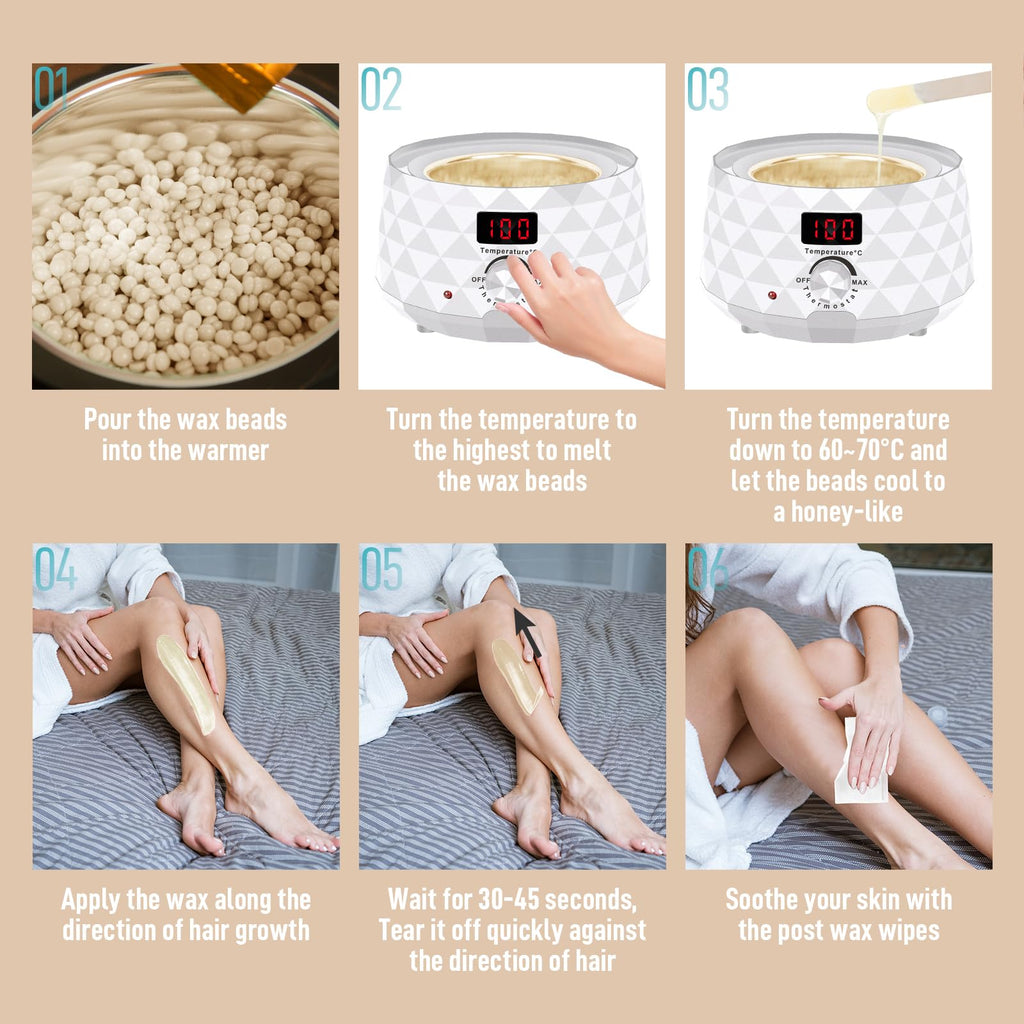 Charmonic Wax Warmer, Upgrade Digital Waxing Kit with Silicone Pot & 500g Hard Wax Beads for Whole Body Brazilian Bikini Legs Armpit Nose Hair Removal, Hot Wax Machine (White)