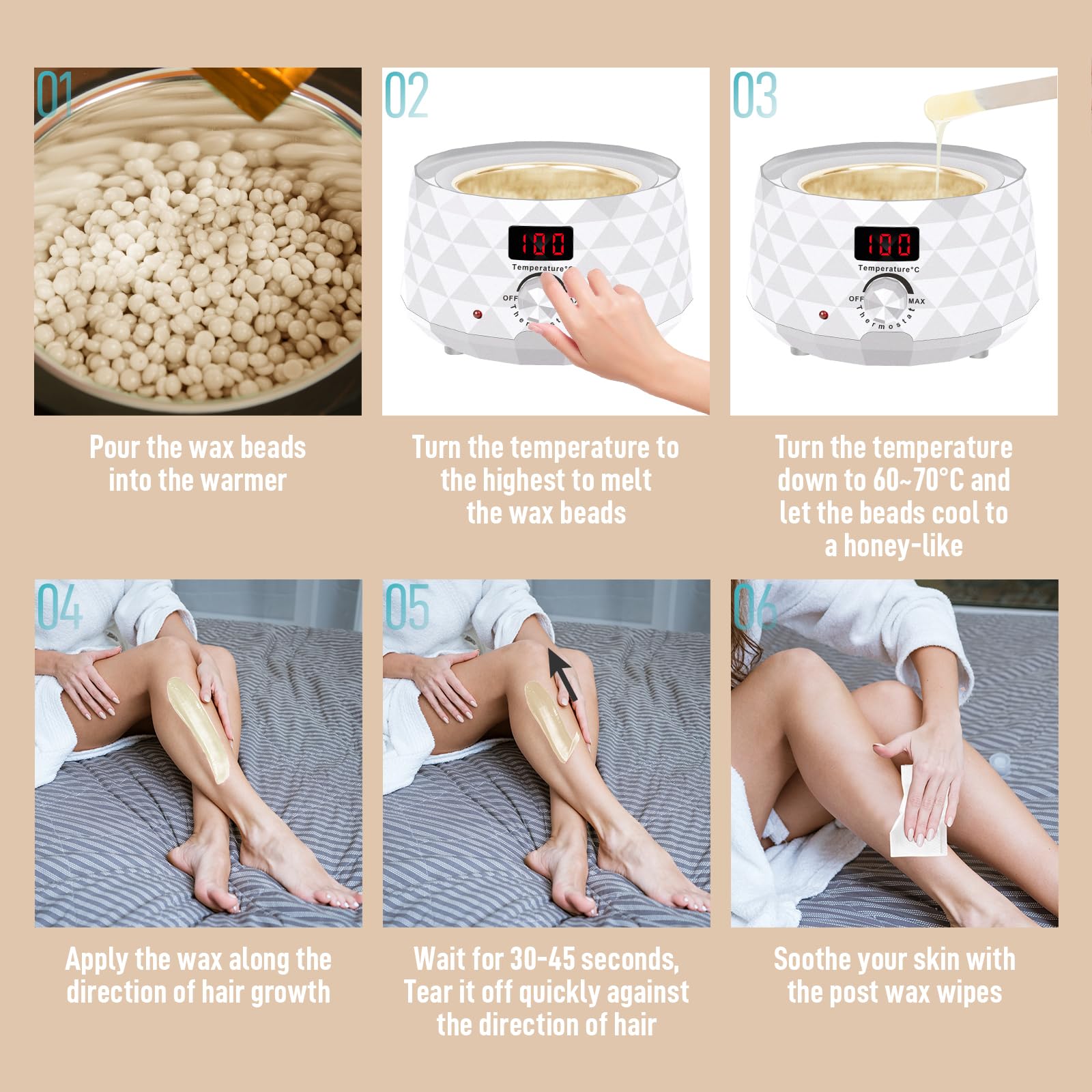 Charmonic Wax Warmer, Upgrade Digital Waxing Kit with Silicone Pot & 500g Hard Wax Beads for Whole Body Brazilian Bikini Legs Armpit Nose Hair Removal, Hot Wax Machine (White)